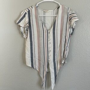 Sim & Sam Top Women S Small White Striped Button Up V-Neck Short Sleeve Rayon